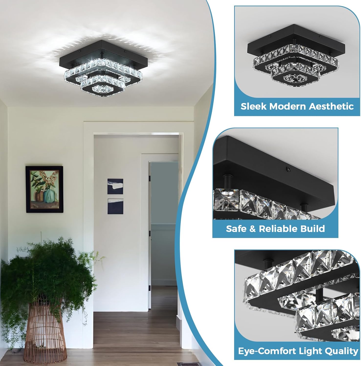 Small Black Square Crystal Chandelier Flush Mount Ceiling Light, 9.8” Surface Mount LED Fixture with Built-in Light, Modern Ceiling Light for Living Room, Dining Room, Bedroom 6000K