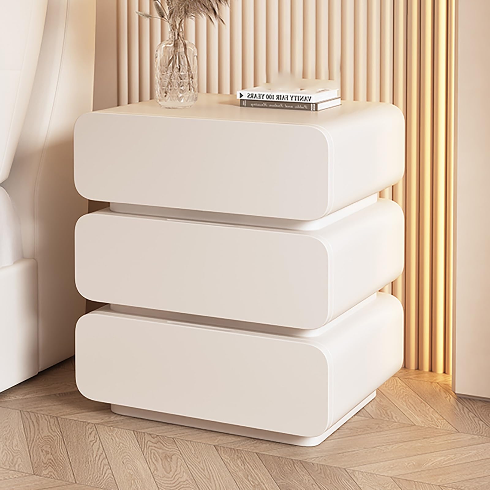 SXZenSpace Wooden Nightstand Bedroom End Table with 3 Drawers & Hidden Handle SpaceSaving Storage Cabinet for Living Room Office and (White 45cm)