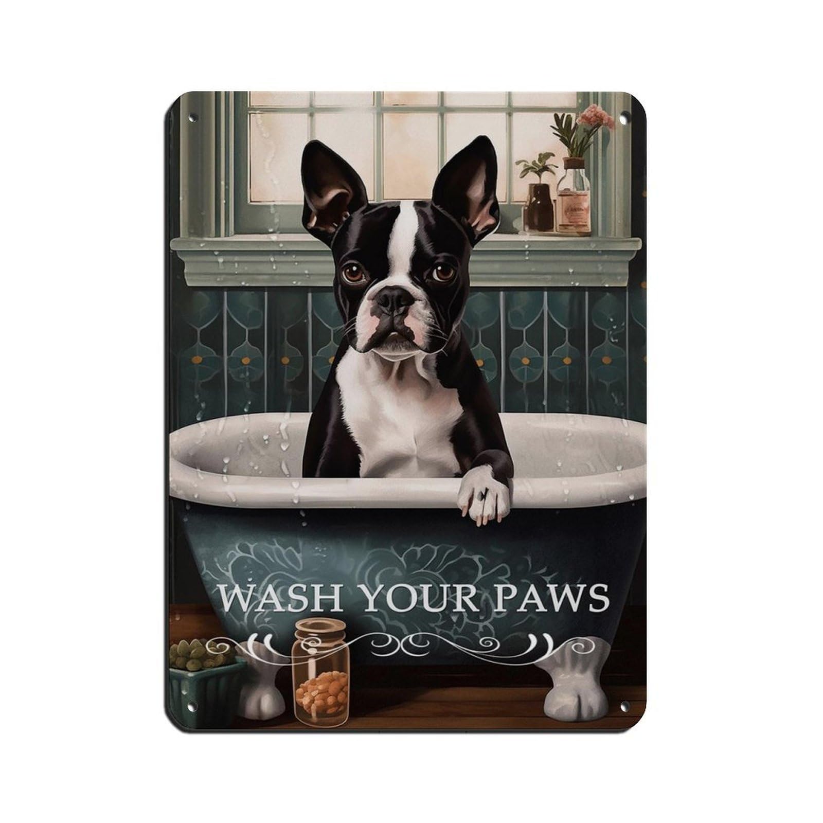 Boston Terrier in Bath Fun Bathroom Art Retro Poster Metal Tin Sign Chic Art Retro Iron Painting Bar People Cave Cafe Family Garage Poster Wall Decoration 12x16inch(30x40cm)