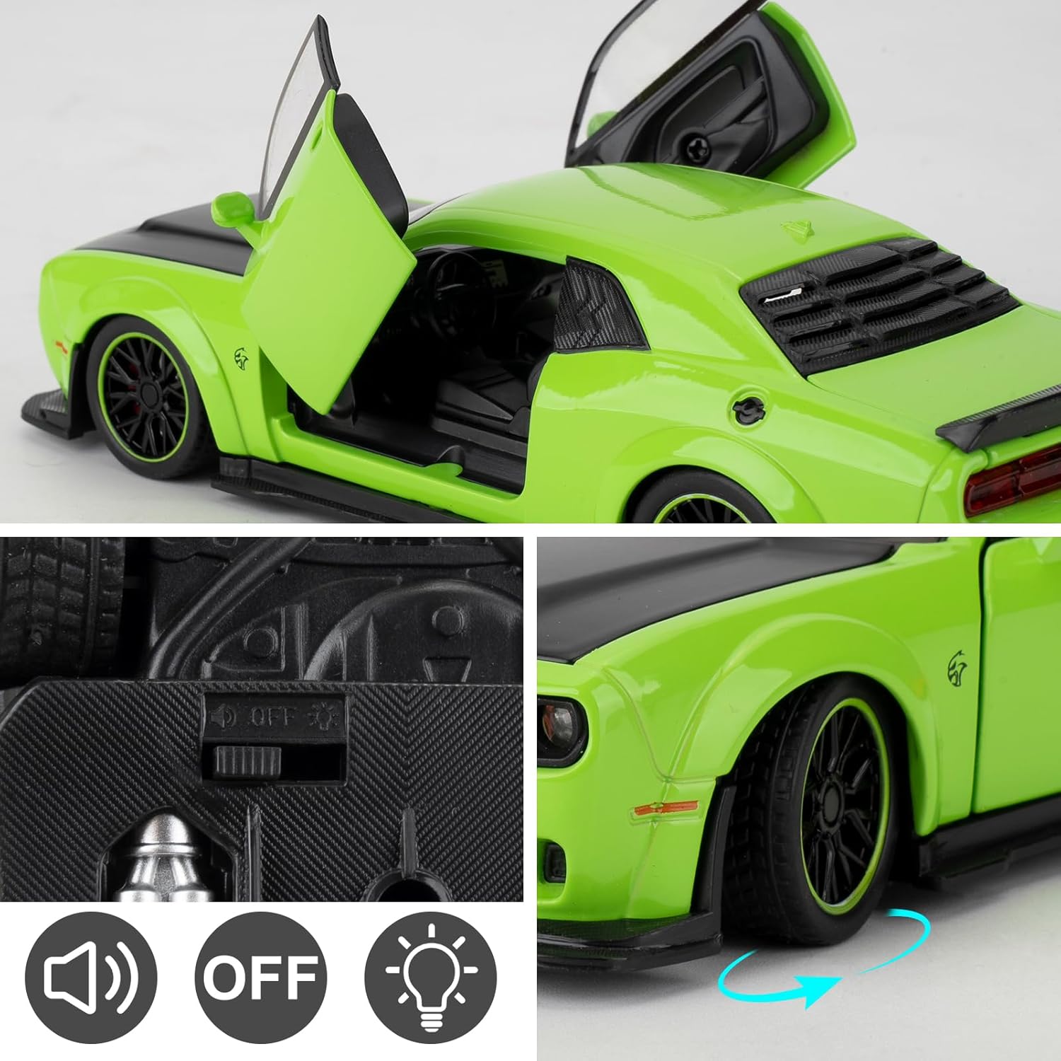 WAKAKAC Toy Cars Compatible for 1:32 Dodge Challenger SRT Hellcat Model Cars, Pull Back Die-cast Vehicles, Collectible Cars with Sounds＆Lights for Kids Boys Girls and Adults, Gift Green