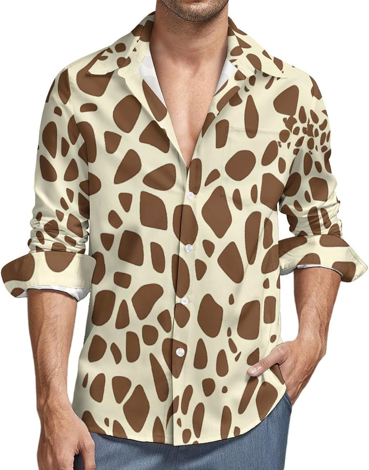 Giraffe Print Long Sleeve Shirts Casual Dress Shirt Button-down T-shirts for Men