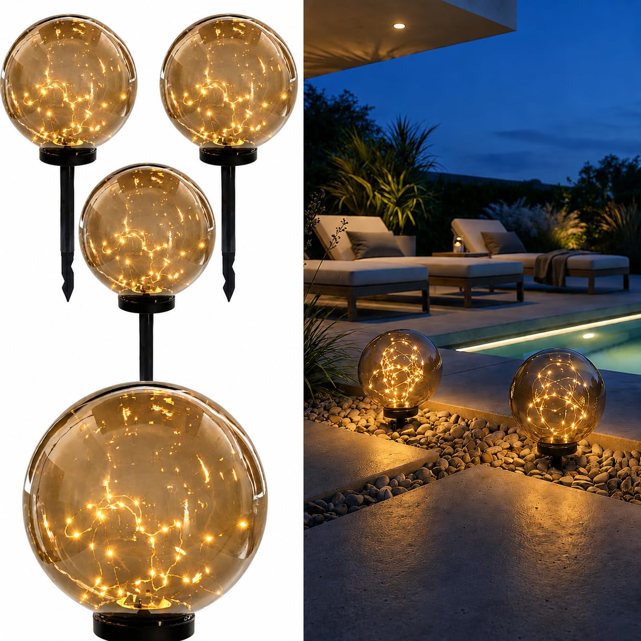 Lumiled 4 Stück Solar Kugelleuchte Gartenleuchte mit Erdspieß Solarlampe Dämmerungssensor IP44 Warmweiß Rauchgrau Ø30 cm Wegeleuchte für Garten Terrasse Weg