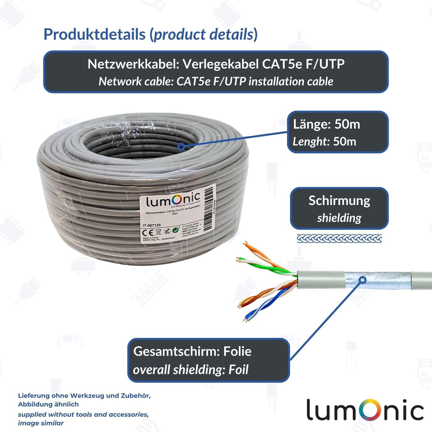 Lumonic 50m Kabel sieciowy CAT 5e F/UTP I CAT5e-kabel, Gigabit Lan Kabel, Ethernet Kabel I Flexibles Verlegekabel geschirmt, do uzytku wewnatrz pomieszczen do 100 MHz