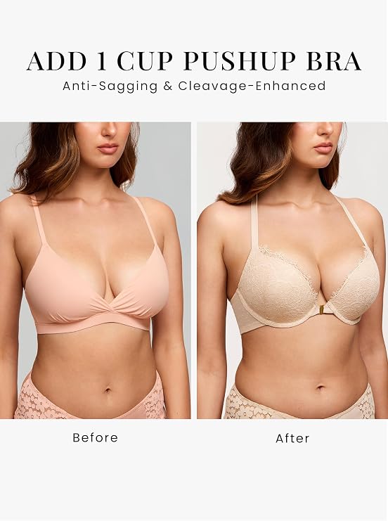 DOBREVA Women's Push Up Racerback Bra Front Closure Lace Halter Plunge Bras Padded Full Coverage Underwire