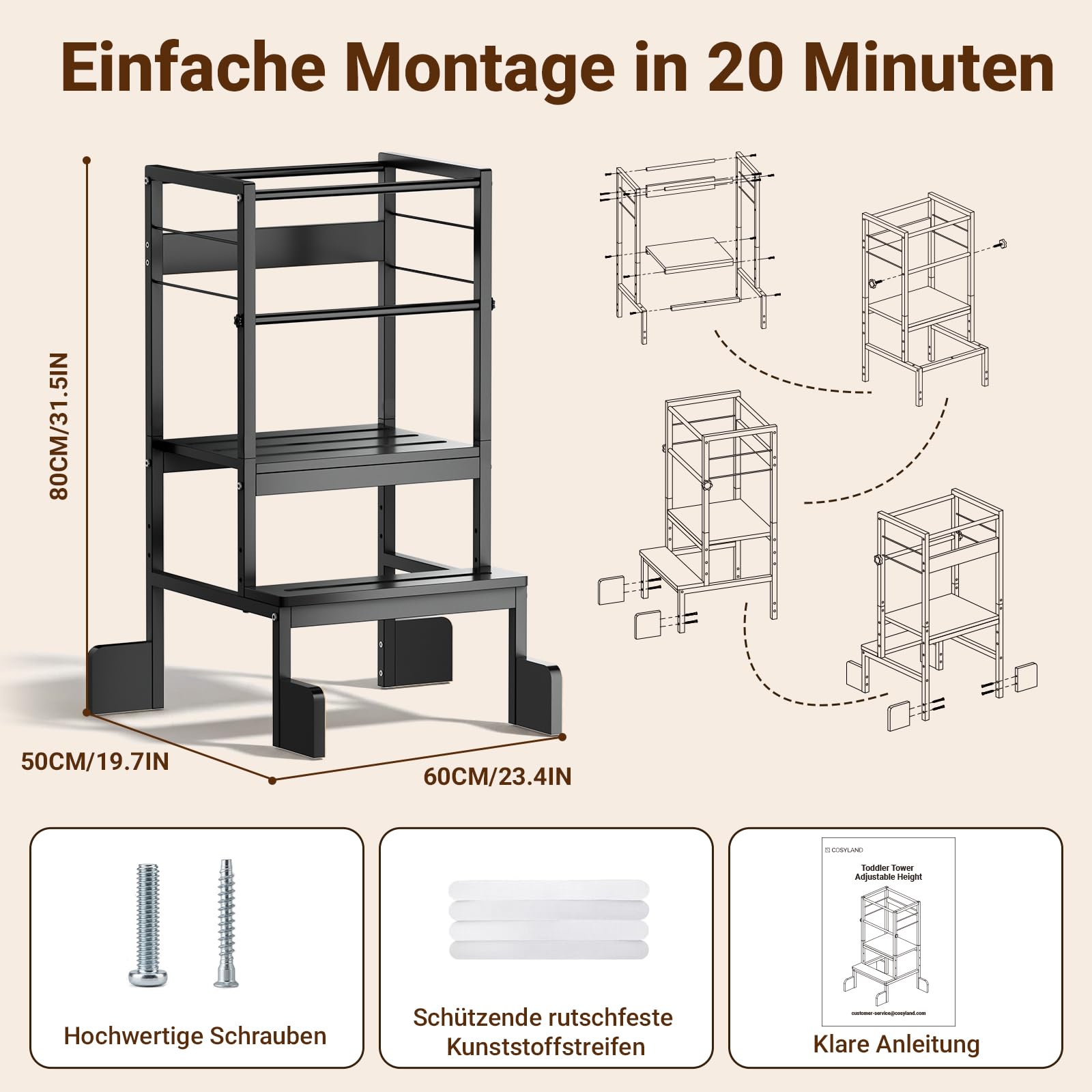 COSYLAND Lernturm ab 1 Jahr Montessori Learning Tower Stahl Stabil, Schwarz | Stabiler Toddler Tower mit 4 Stützfüßen & Rutschschutz. 3-fach höhenverstellbar für Kinder ab 2 Jahren in Küche.