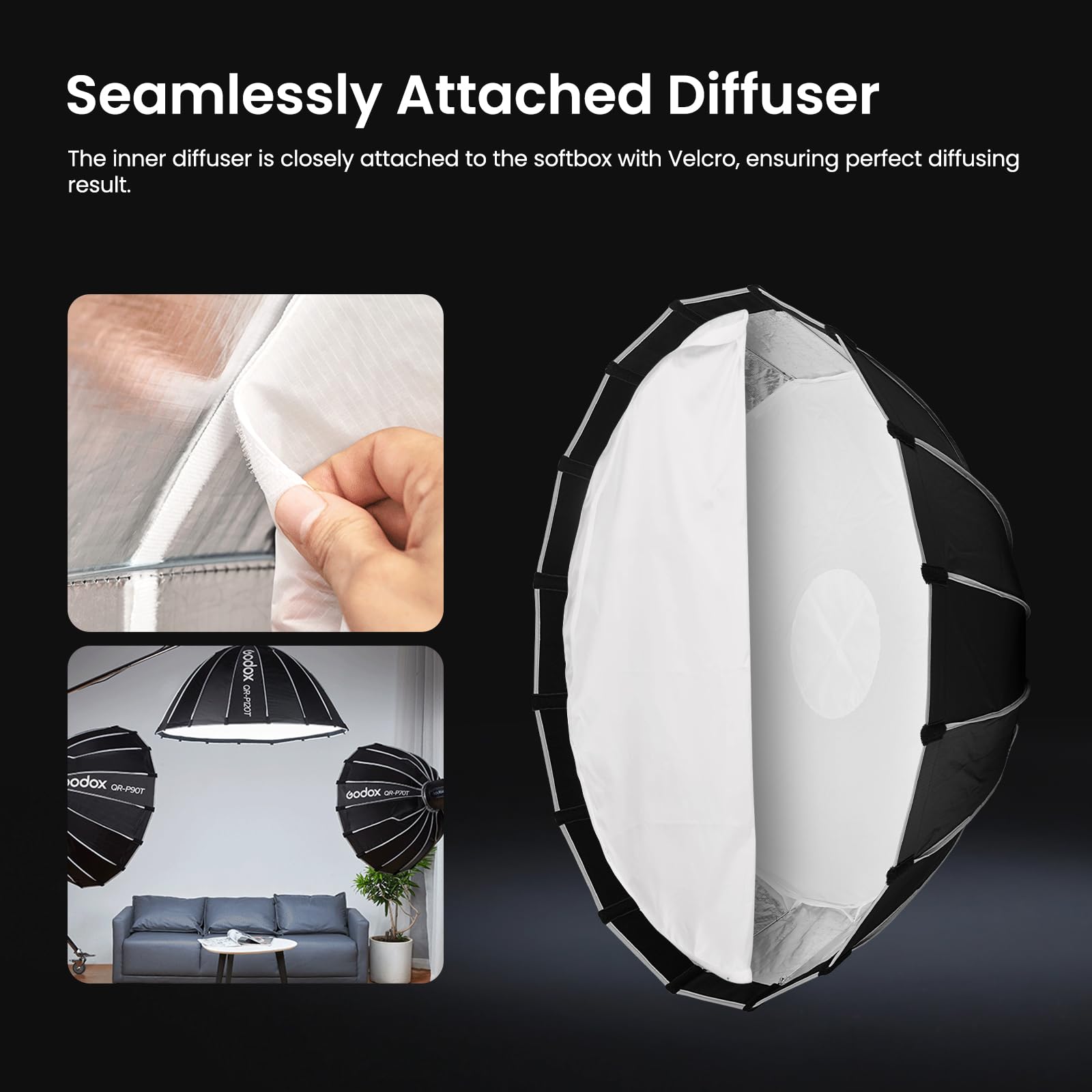 GODOX Godox QR-P90T Softbox parabolico a sgancio rapido con griglia a nido d'ape, supporto Bowen con borsa da trasporto per diffusore anteriore e interno per Godox MS300 MS300-V SK400II QT400III QT600