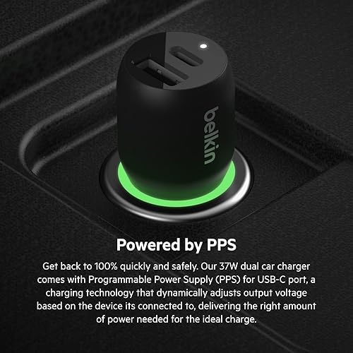 Miniatura 4 de Belkin Cargador rápido de auto de 37 W de doble puerto con cable USB-C de 3.3 pies incluido, puerto USB-C de 25 W PPS y puerto USB-A de 12 W