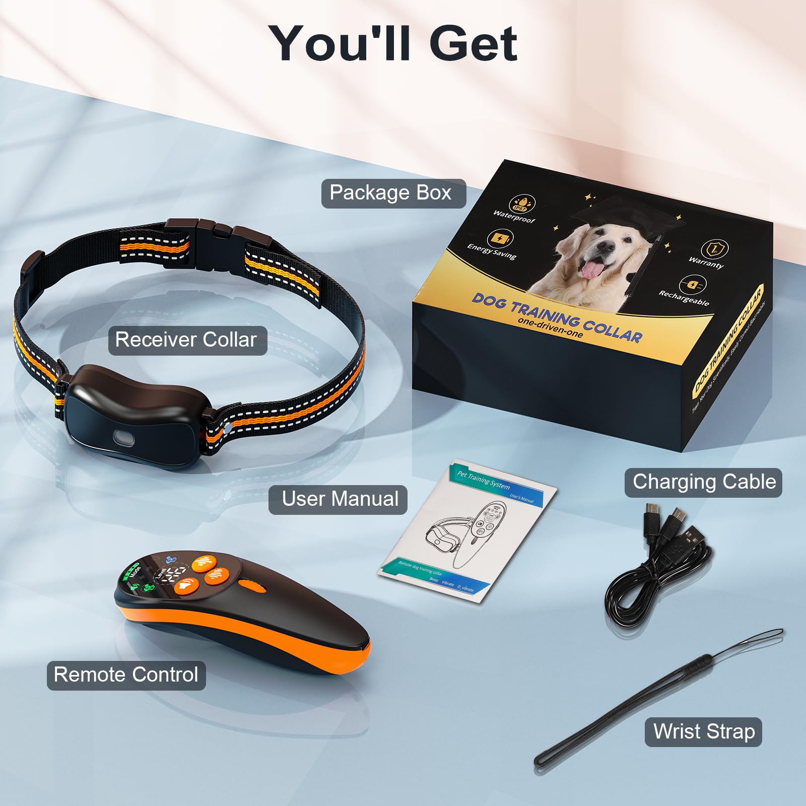 Collier de Dressage pour Chien avec télécommande, IP67 étanche, portée 1000m, Vibrations et Boost (1-16), 8 Sons bip – sans décharge électrique, jusqu'à 67,5 cm de Cou