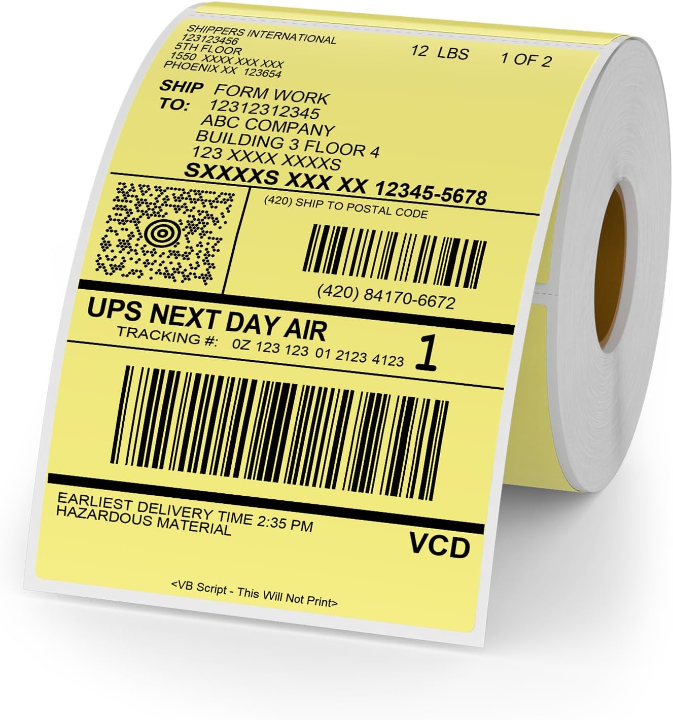 Yellow Thermal Labels 6 × 4 Inch Vinyl Self-Adhesive Rectangle Stickers Roll Waterproof Printer Decals Shipping Tag for QR Code DIY Office Address 250 PCS