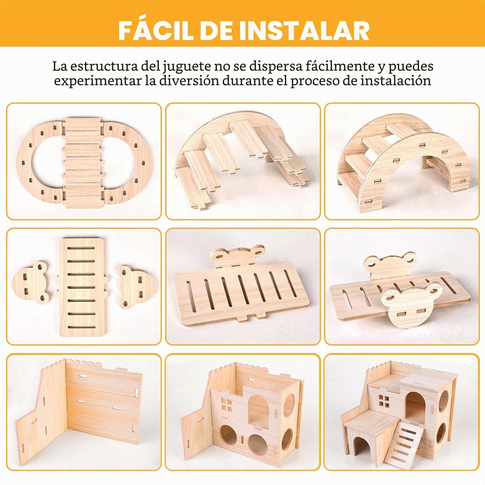 Juguetes de madera para hámster, 8 piezas DIY, juguete para masticar, escondite, casa, puente, columpio, entrenamiento, accesorios para jaula
