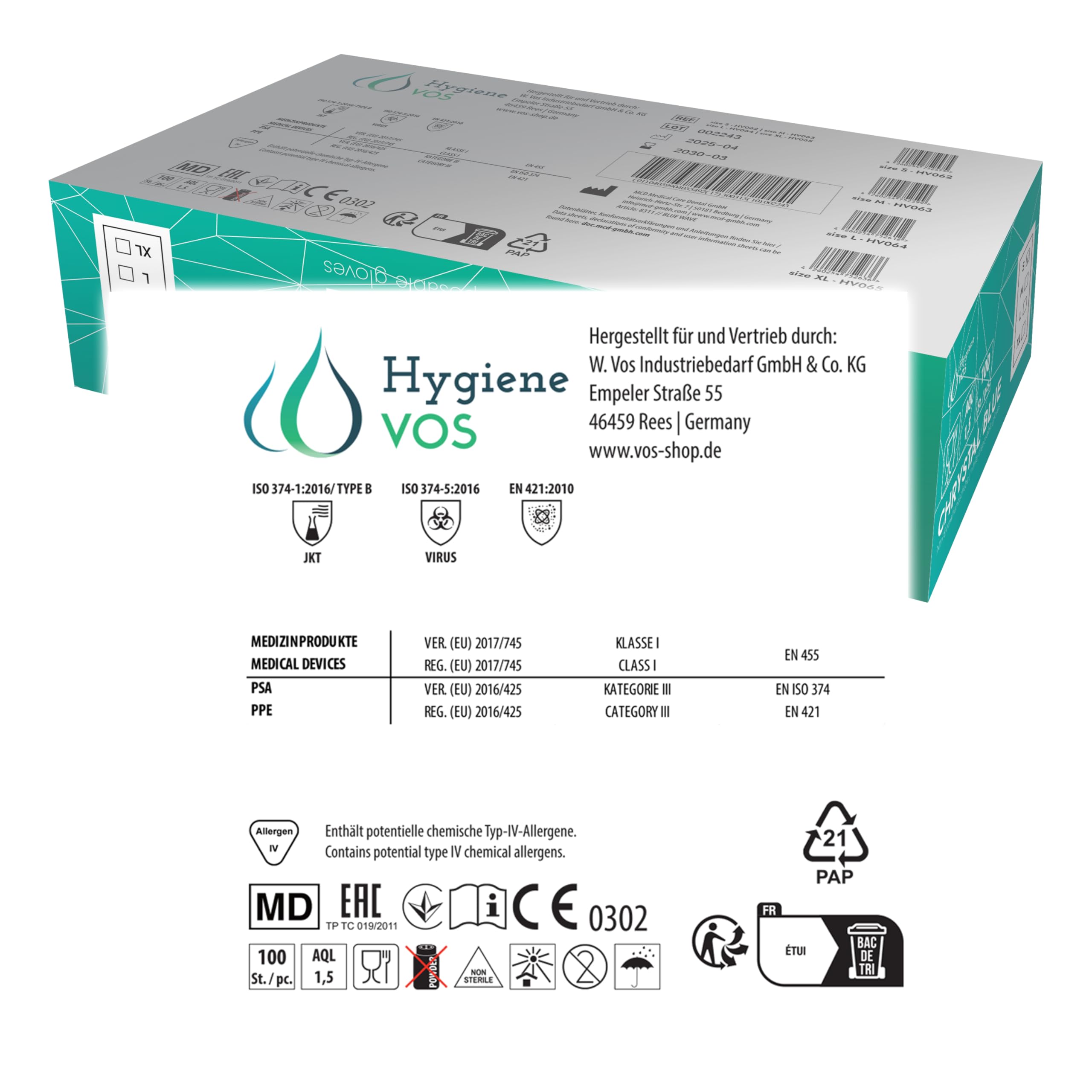 Hygiene VOS Nitril Einweghandschuhe Chrystal Blue – 10 Boxen à 100 Stück, Puderfrei & Latexfrei, Chemikalienbeständig & Durchstichfest, EN 455 & EN ISO 374, Größen S, M, L, XL (XL)