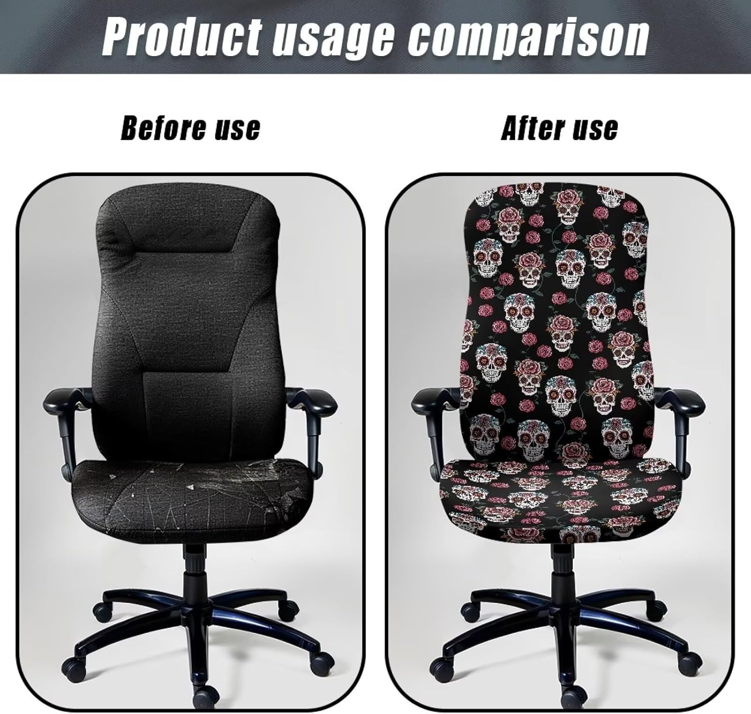 Skull Rose Pink White Black Removable Computer Office Chair Cover Comfortable Scratch Resistant High Back Chair Slipcover Universal All-in-One Boss Chair Covers, L