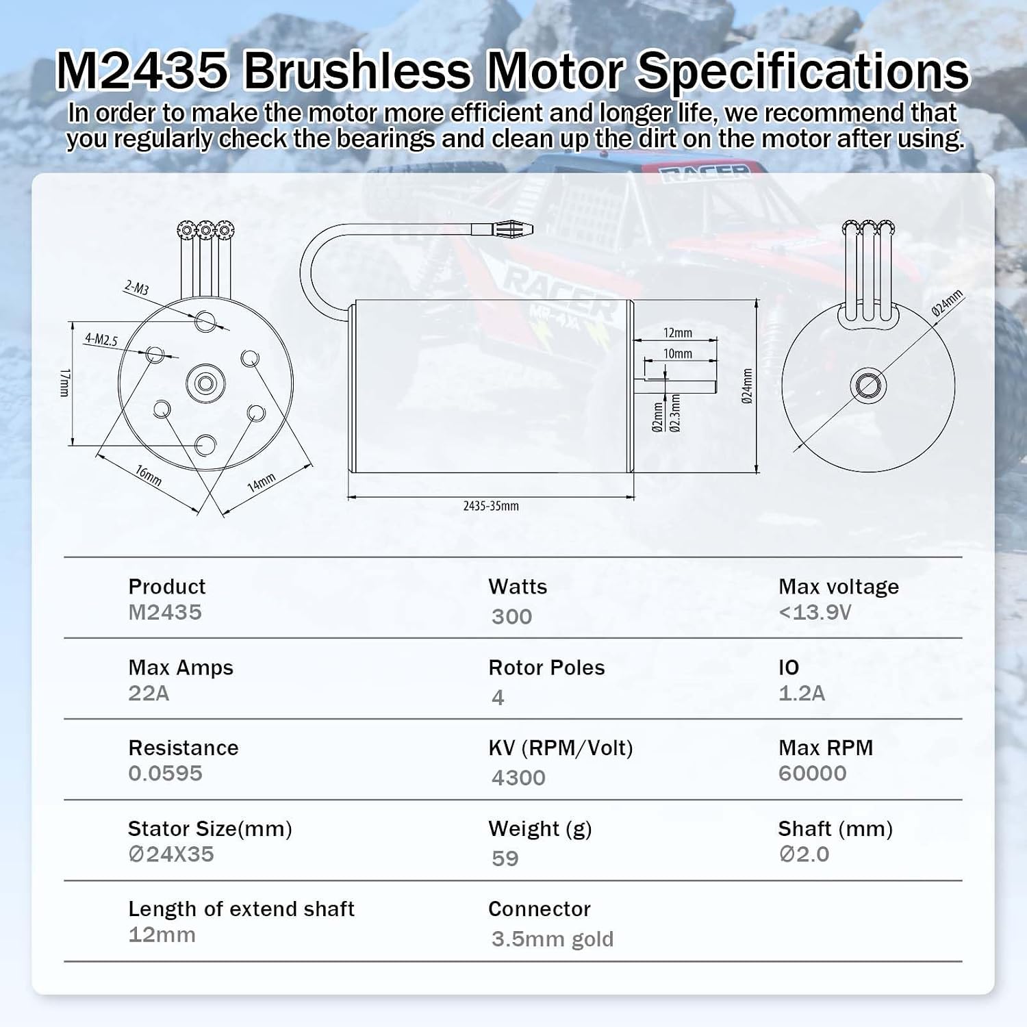 SurpassHobby 2435 4300KV Brushless Motor High Speed Waterproof Motor and for 1/16 1/18 Vehicles Truck Update Parts