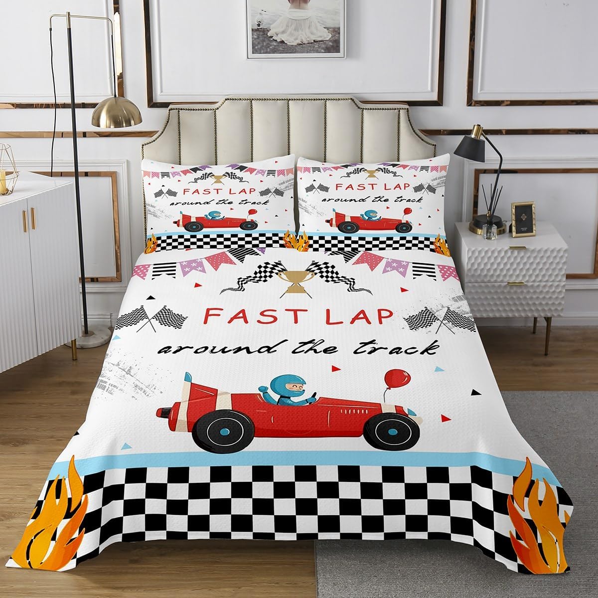 Erosebridal Racing Car King Bedspread Set for Boys Child,First Lap Around The Track Bedding Set Kids Cartoon Race Car Coverlet Set Black and White Checkered Plaid Grid Bed Set with 2 Pillow Cases