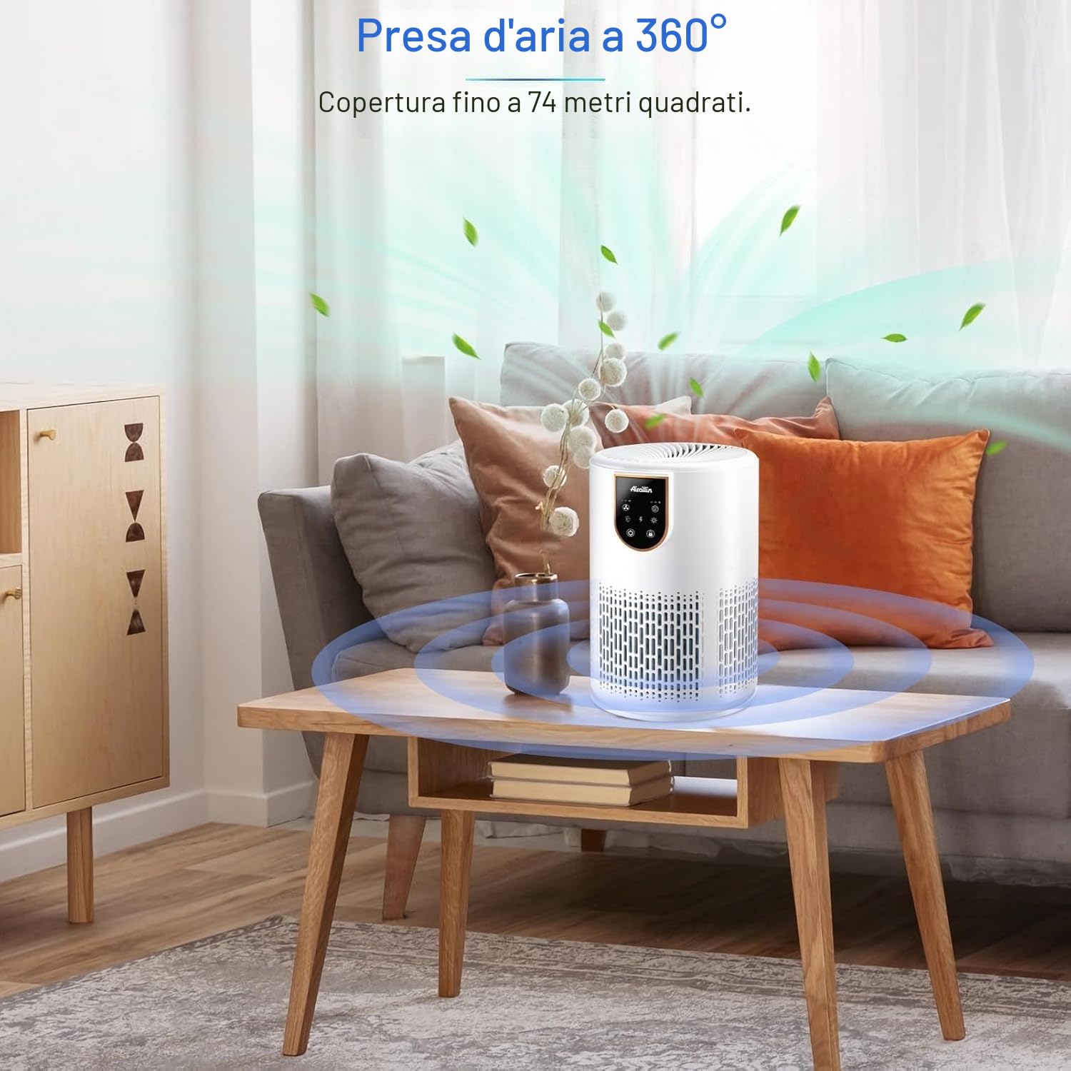 Aircillin Purificatore d'Aria Con Filtro Hepa da 5 Stadi, 3 Velocità, Rimuove il 99,97% di Polvere, Polline, Fumo, Copertura 45 m², 25 dB, con Funzione Diffusore di Aromi e Timer