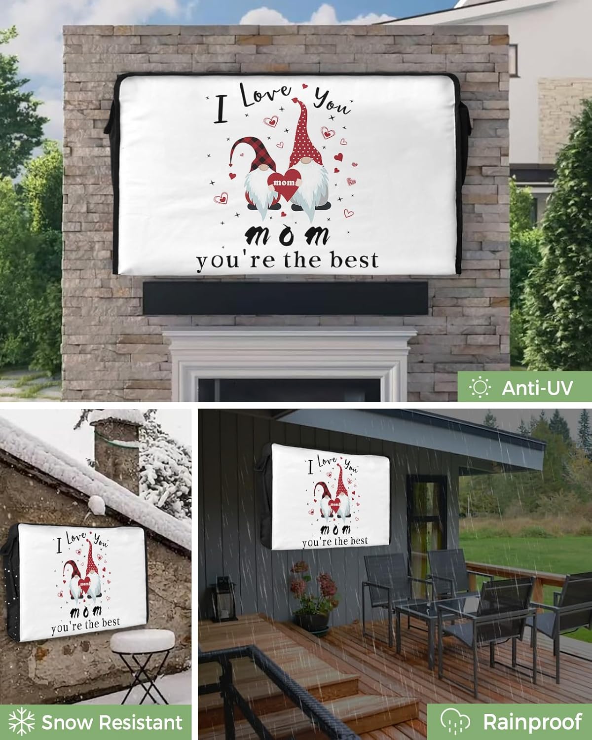 Outdoor TV Cover - I LOVE YOU MOM ONLY THE BEST Mother's Day Gnome Gift Waterproof and Weatherproof 40"-43" LCD Movable Shield TV Display Screen Protector Outside Television Covers