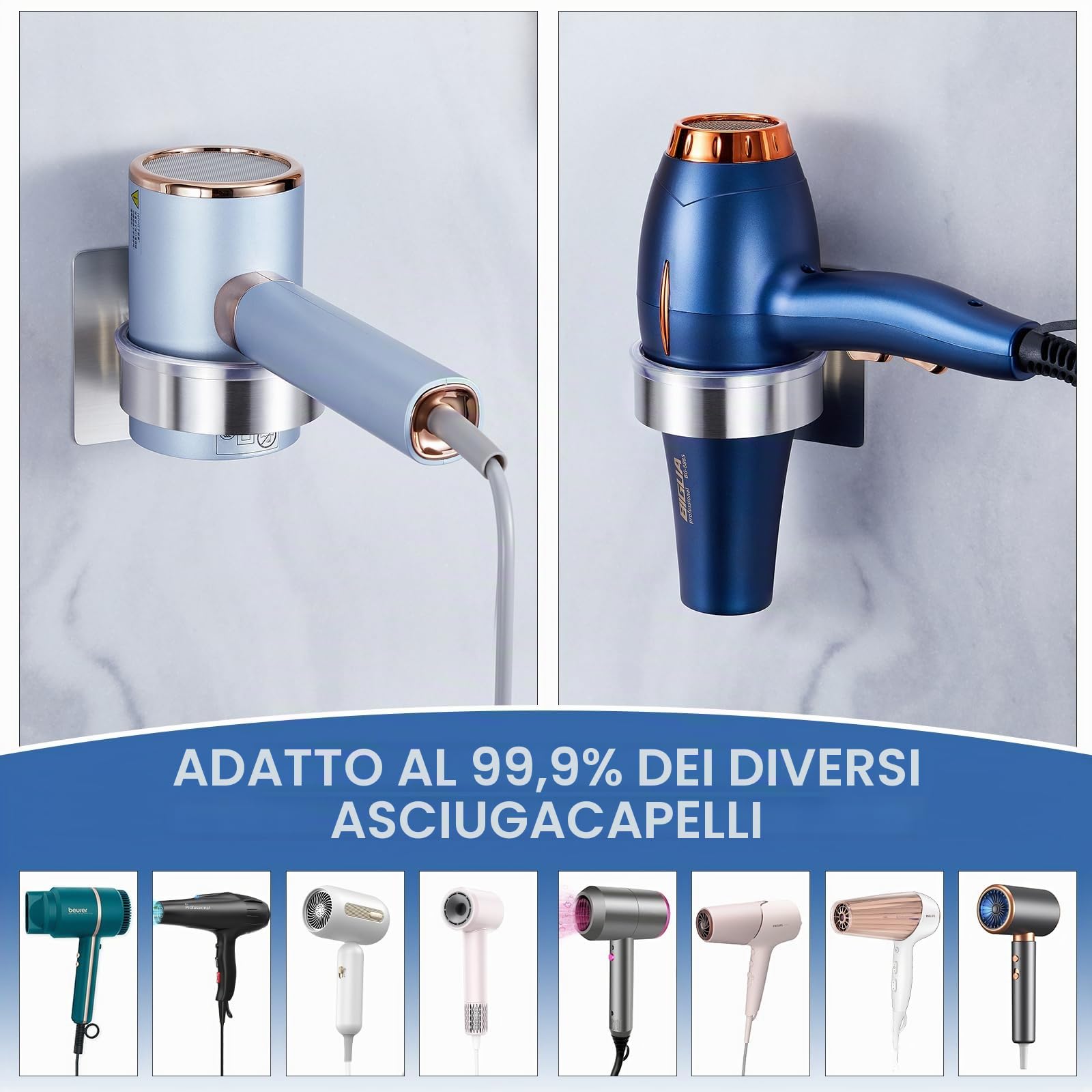 YYBO Porta phone bagno da muro, porta asciugacapelli da parete, porta phon da muro, in Acciaio Inossidabile porta phon senza foratura Supporto asciugacapelli per Bagno, Barbiere, Hotel