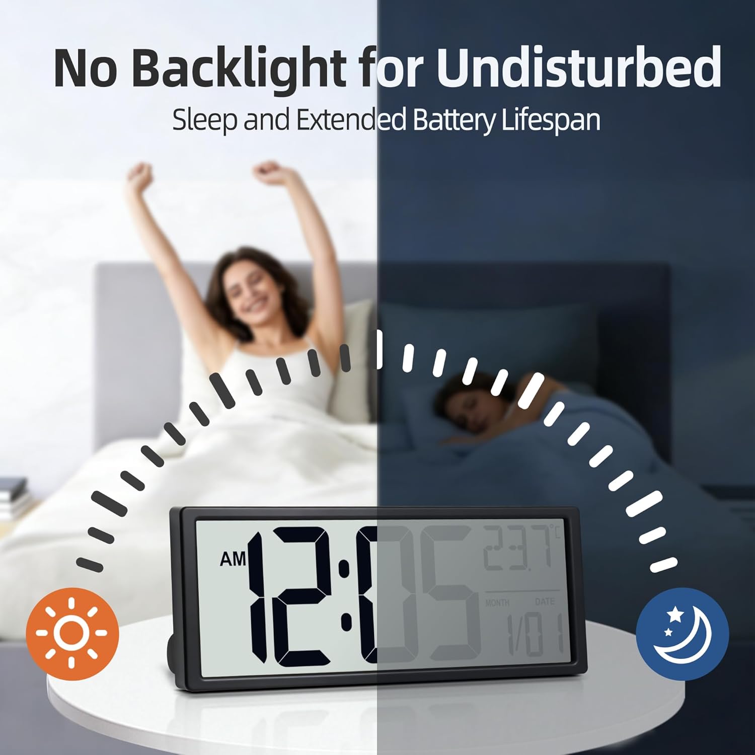 16" Large Digital Wall Clock Battery Operated with Big Display Numbers, Temperature and Date, Auto DST and Alarm, for Office, Classroom, Gym, Bedroom, Living Room