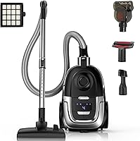 Zefiro Max 1600W Bagless Canister Vacuum: 40kPa Suction, HEPA Filter, Auto Cord Rewind, Pet Hair Tool for Carpets & Floors