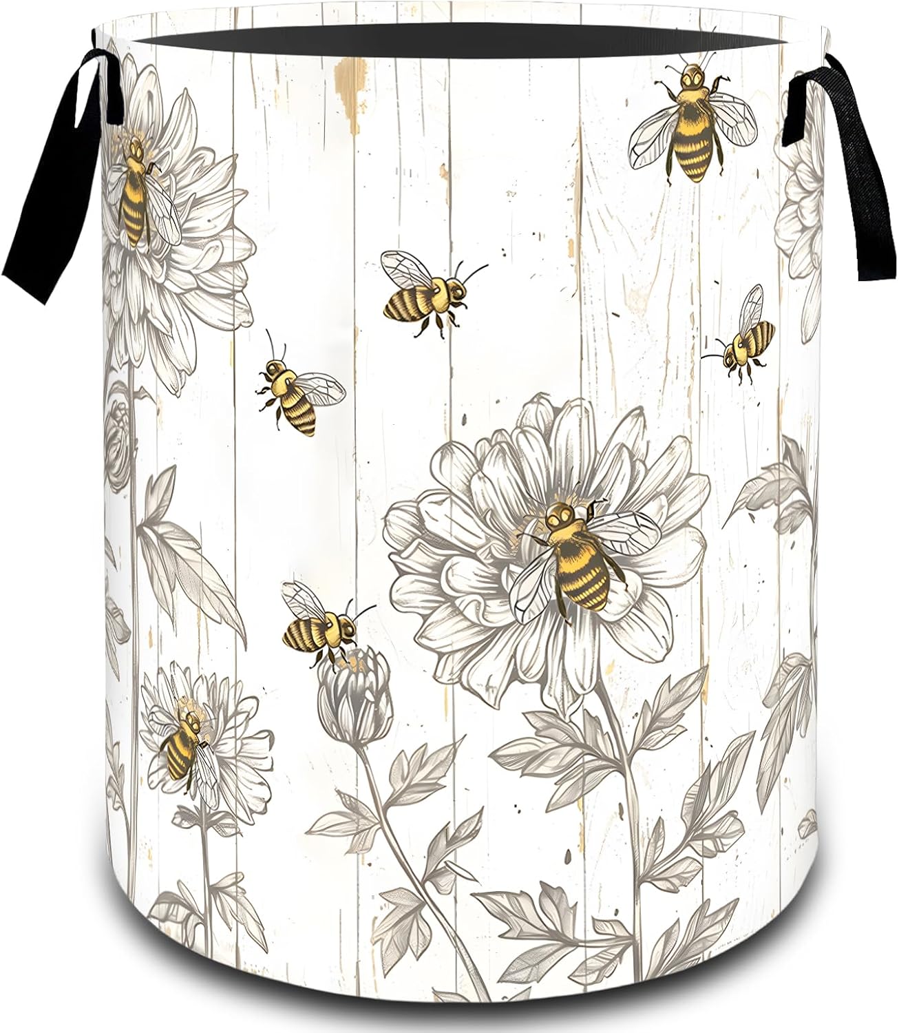 Bee Floral with Wood Laundry Basket, Dirty Collapsible Clothes Toy Organizer Hamper for Kids Adults, Oxford Cloth Waterproof Storage Bin for Bedroom Bathroom Rustic Decor Gifts, 19.7"X15.7"