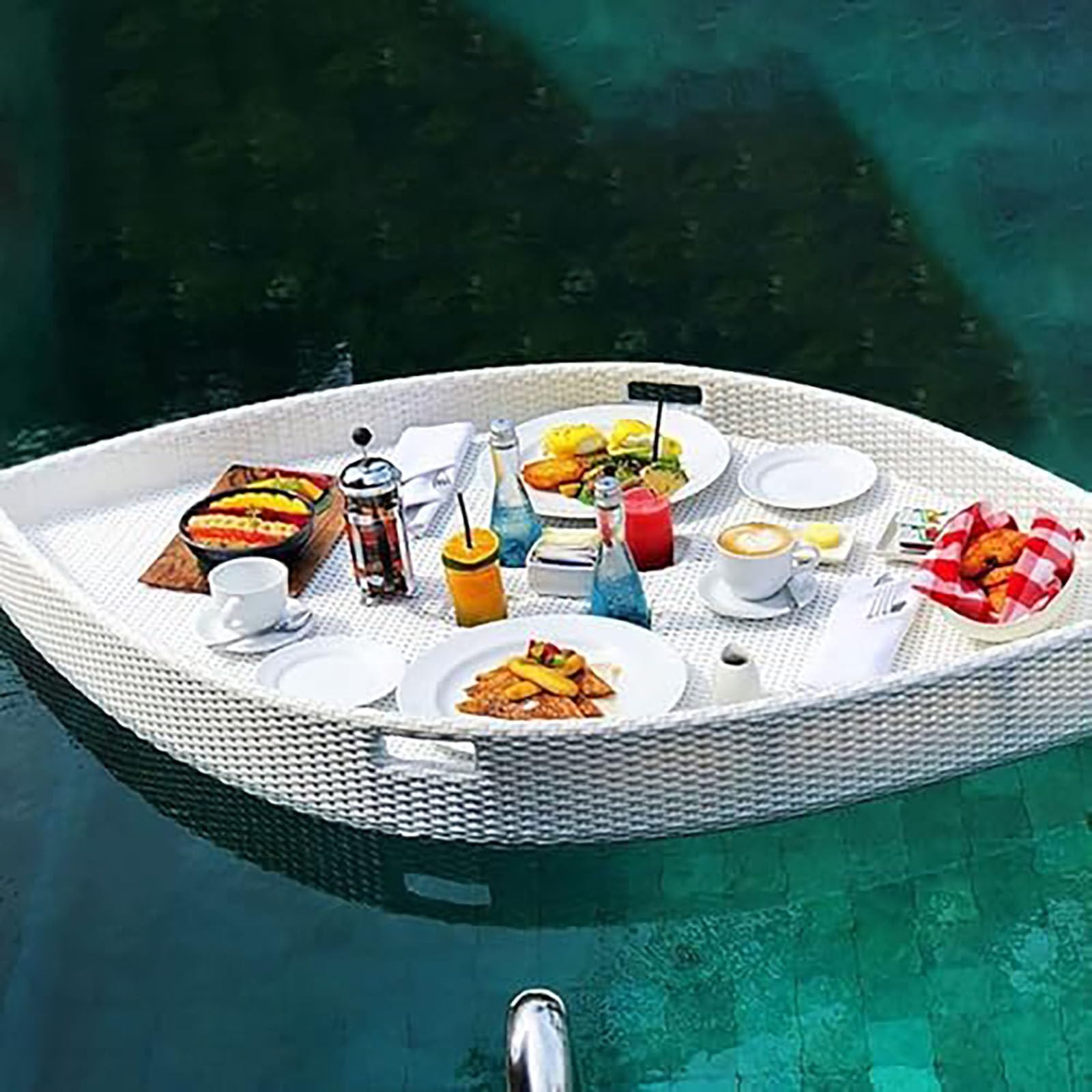 Piatto piano galleggiante e vassoio per la colazione, per feste in piscina e vasche da bagno, design in rattan per tè pomeridiano e fotografia, perfetto per intrattenimento e relax