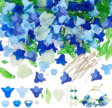 NBEADS About 417 Pcs Frosted Acrylic Assorted Beads Kit, 300 Pcs Acrylic Flower and Leaf Beads 87 Pcs Round Glass Beads 30 Pcs Brass Ball Pins Jewelry Making Supplies Kit for Earring Bracelets Making
