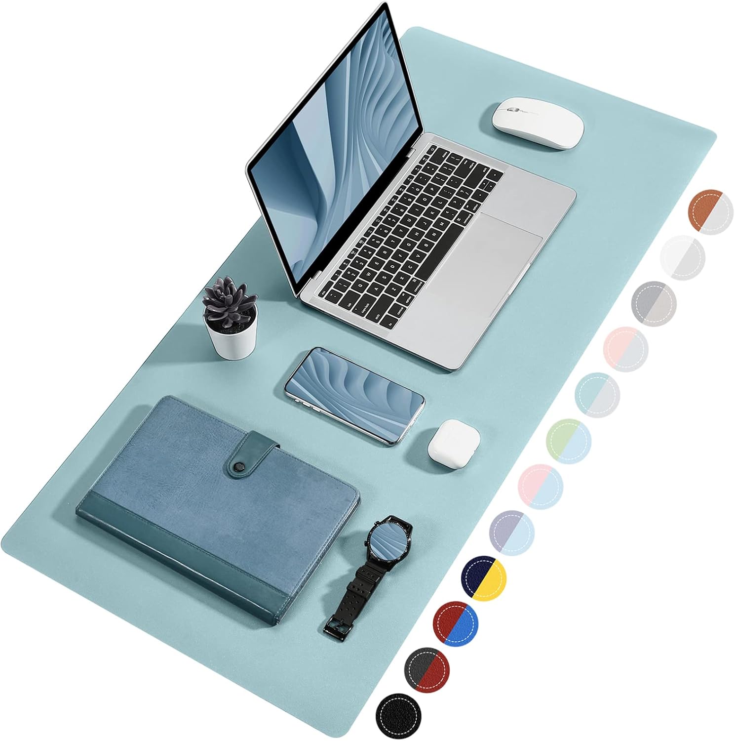 TOWWI Dual Sided Desk Pad, Large Desk Mat, Waterproof Desk Blotter Protector Mouse Pad, Leather Desk Pad Large for Keyboard and Mouse (39" x 20", Blue/Silver) Blue/Silver 39" x 20"