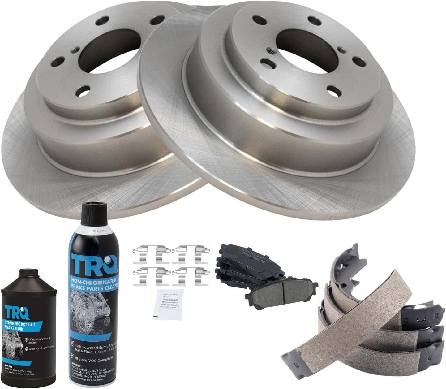 TRQ Rear Brake Pad & Rotor Kit Brake Chemical Kit Brake Pads Brake Rotor Parking Brake Shoe Set Ceramic Compatible with 2004-2007 Subaru Forester Impreza