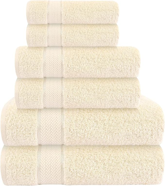 Luxury Bath Towels Set-100% Cotton- 2 Bath, 2 Hand & 2 Washcloths- Large, Thick, Fluffy, Absorbent, Quick Dry, Soft, Plush -Gift, Pool, Hotel, Gym Towel -6 Piece Luxury Bathroom Towels - Cream / Ivory