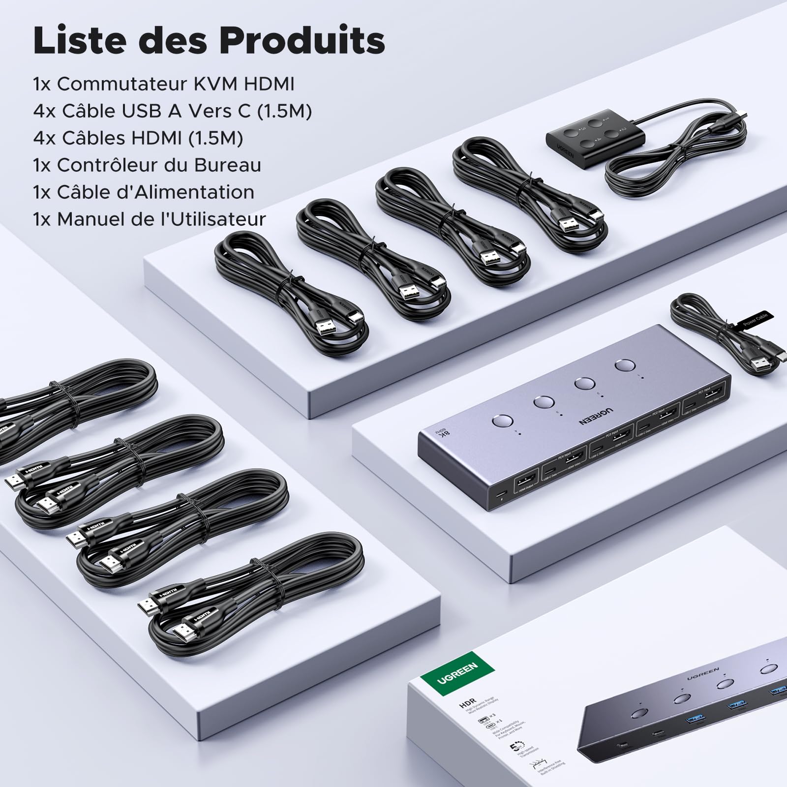 UGREEN Switch HDMI KVM 8K 60Hz 4K 240Hz 4 Entrées 1 Sortie | Commutateur KVM Switch avec 4 Ports USB 5Gbps 3A1C pour Clavier Souris Disque Dur avec Contrôleur de Bureau et Câbles HDMI
