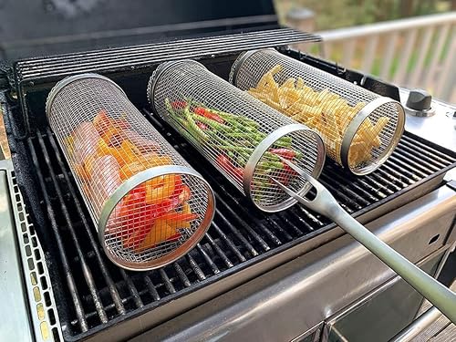 2 cestas rodantes para parrilla, malla redonda de acero inoxidable para barbacoa, cesta de rebanadas de verduras para barbacoa, cesta de parrilla,