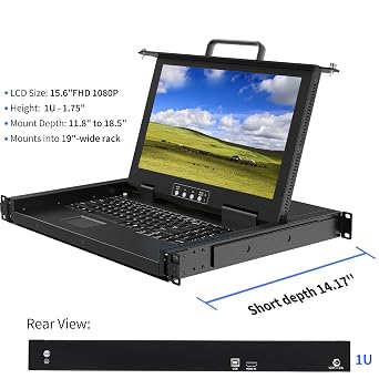 1U Rack Mount KVM Console- 15.6 1080P Rackmount Monitor+ Single Port HDMI KVM + Keyboard+ Touchpad, Short Depth 14.17, Fits 19 Wide Network Cabinet, Incl. 1 USB HDMI Cable,1 Power Cord, 2 Brackets