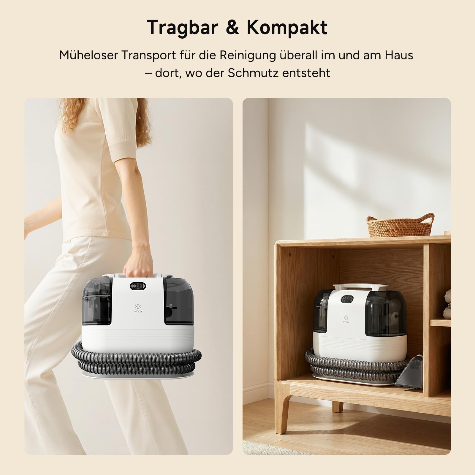 WOOX Nasssauger Polsterreiniger Gerät mit Dampf & Heizfunktion, 15Kpa Hochleistungs-Teppichreinigungsgerät mit Zubehör 2 in 1 Polster-Dampfreiniger für Haustiere, Autos, Flecken, Haushalt