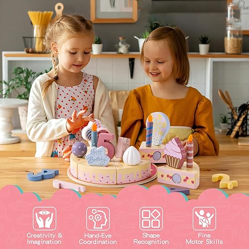Miniatura 3 de Juguetes de pastel de fiesta de cumpleaños, juego de comida de madera para niños pequeños, juguetes de cocina para niños y niñas, juguetes educativos