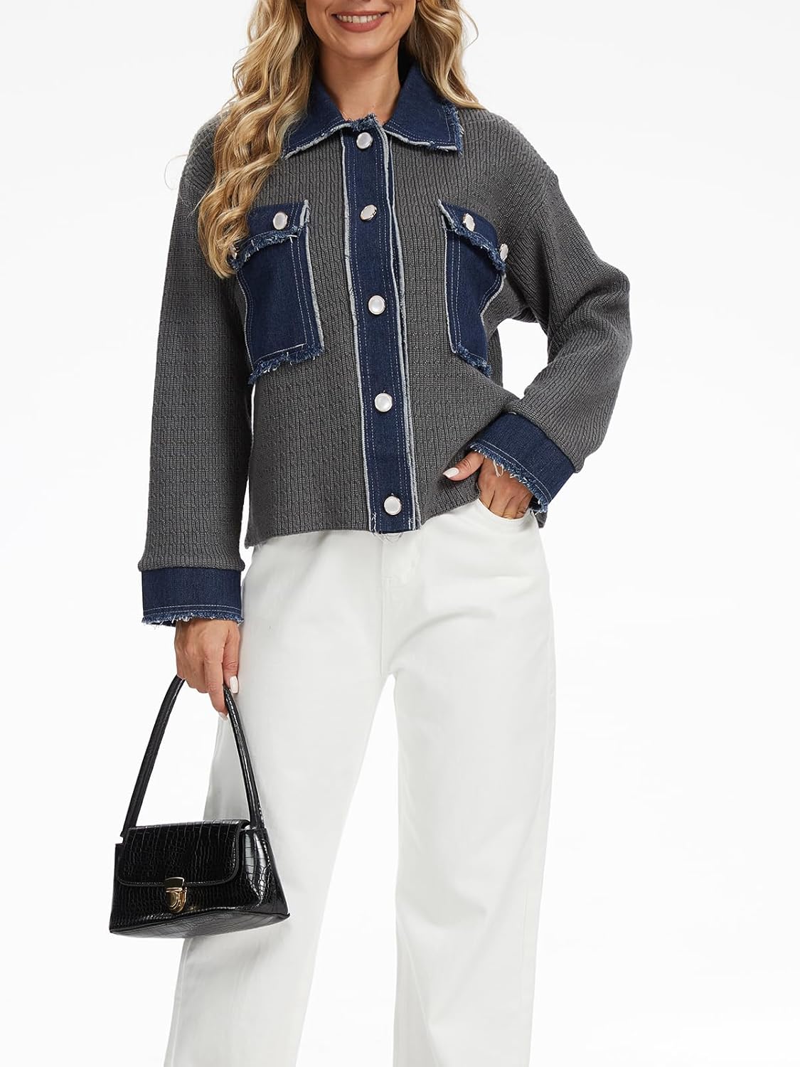 Womens Patchwork Denim Cardigan Sweater 2025 Fall Winter Button Down Long Sleeve Chunky Knit Cardigan with Pockets - Image 4