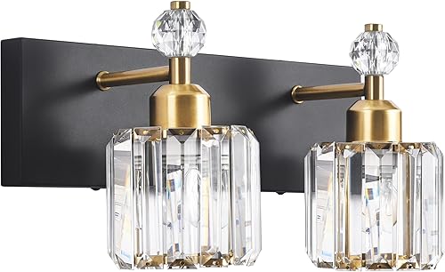 PRESDE Lámpara de tocador de baño de 2 cristales, moderna lámpara de baño negra y dorada sobre espejo, iluminación moderna de pared de baño