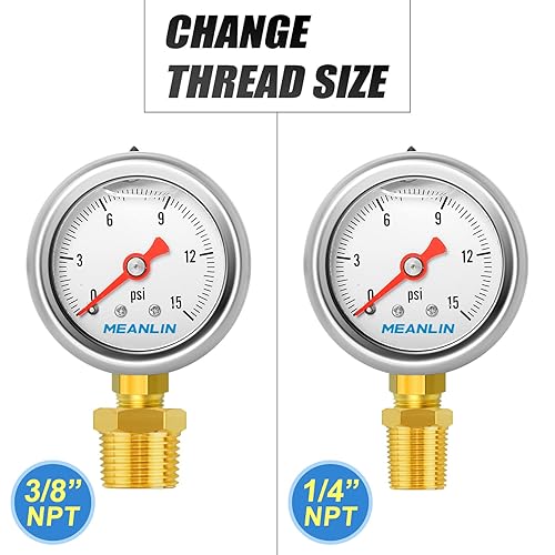 Miniatura 4 de MEANLIN MEASURE 015Psi Stainless Steel 18" NPT 1.5" FACE DIAL, Glycerin Filled Pressure Gauge, Liquid Filled, Water Oil Air, Lower Mount, with 18" x