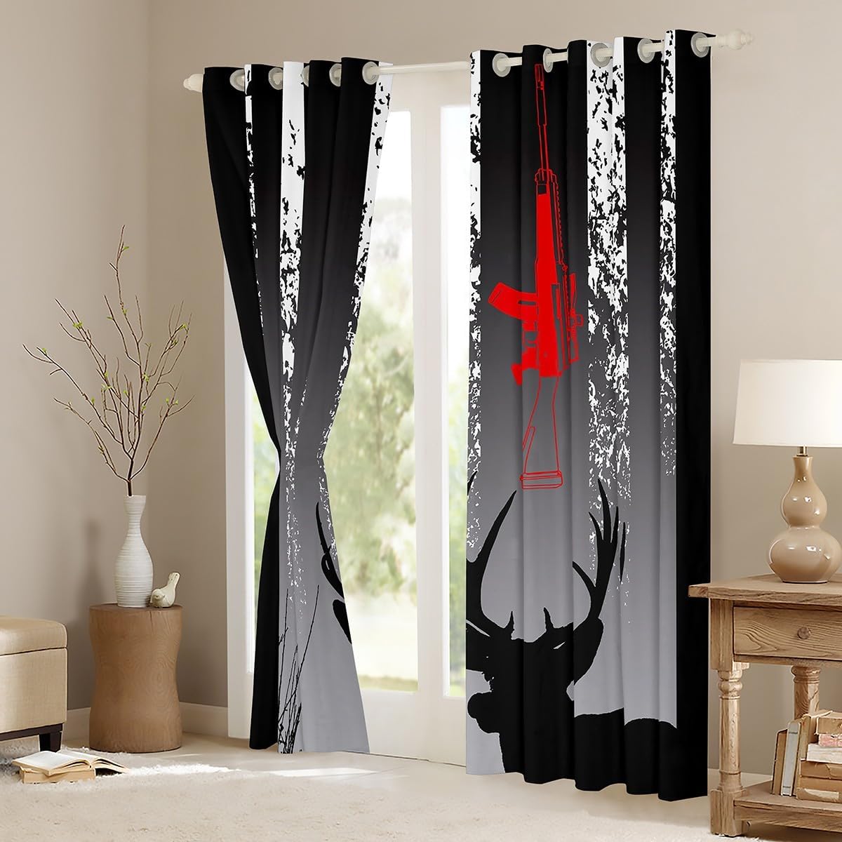 Erosebridal Hunting Theme Blackout Curtains,Deer Curtains & Drapes Elk Antler Curtains 84Wx84L Red Gun Print Window Drapes Black White Grey Stripe Window Treatments,Luxury Retro Hunter Bedroom Decor