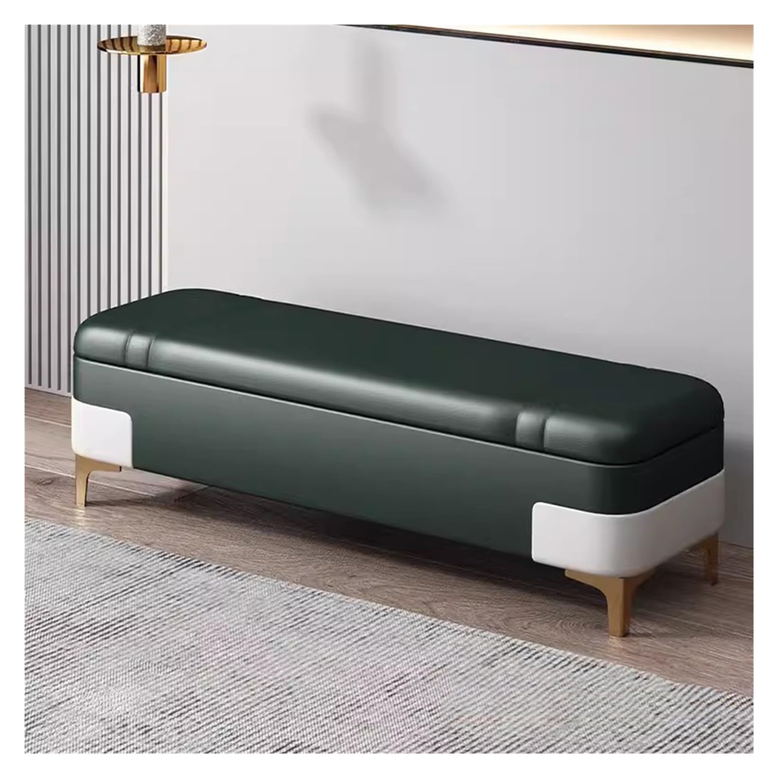 Banc ottoman avec rangement vert en tissu rembourré pour salon