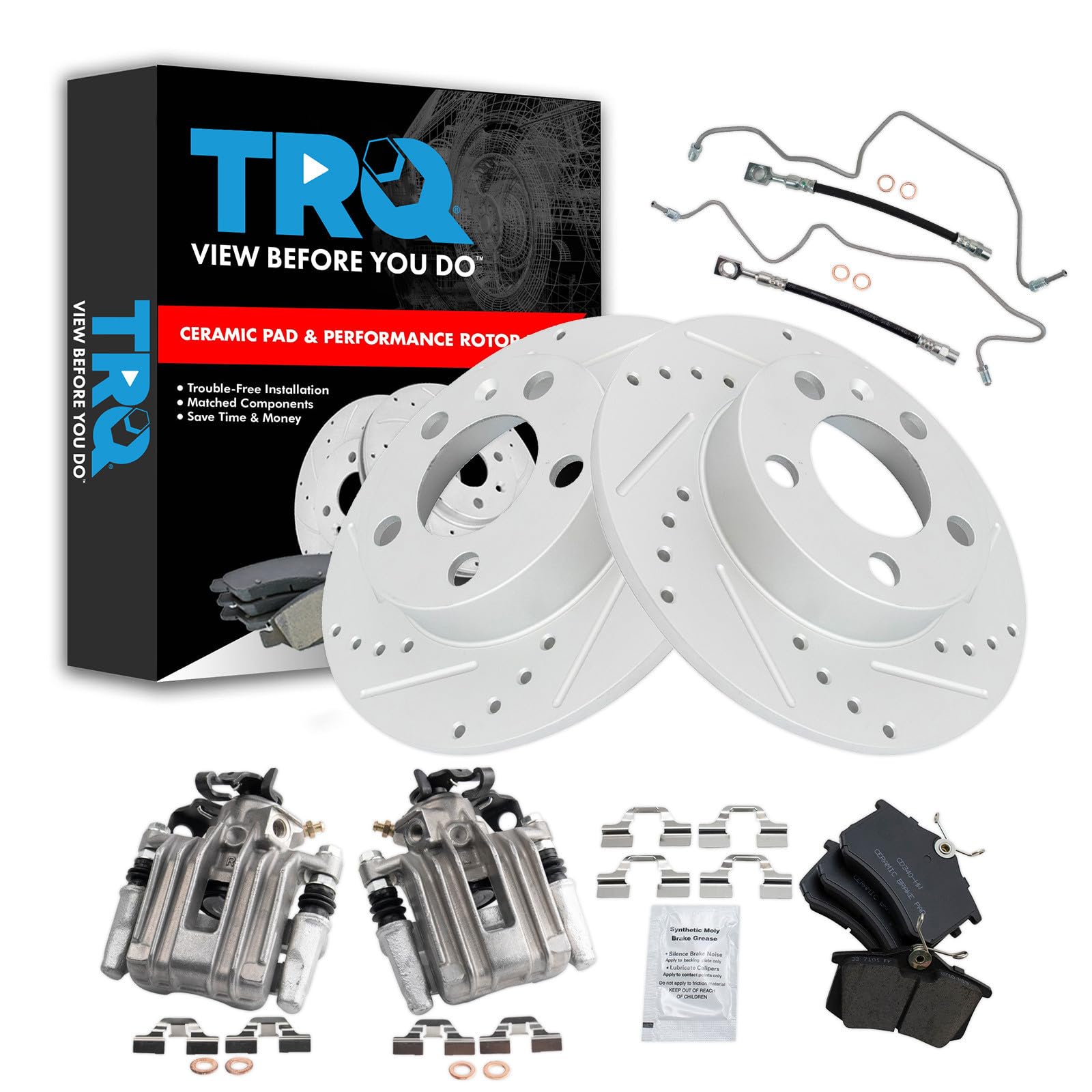 TRQ Performance Rear Brake Pad and Rotor Set Ceramic Slotted Drilled Coated Rotors Calipers Compatible with 2007-2010 Volkswagen Beetle 1999 Golf