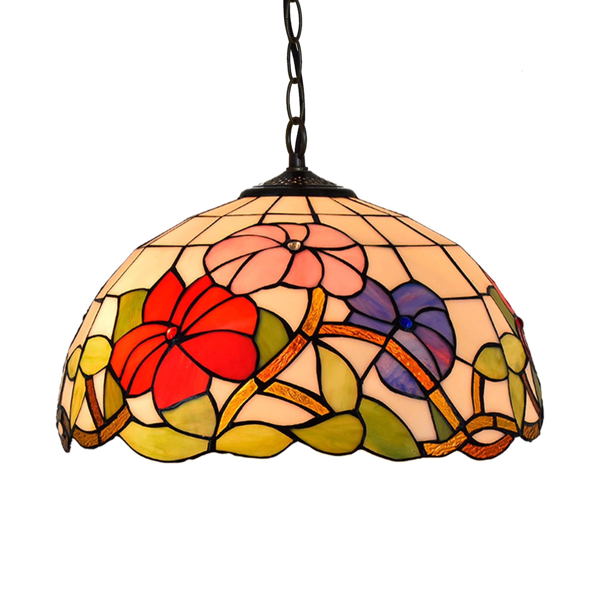 HJRegaFimu 16 Inches Lamp Stained Glass Ceiling Pendant Light Vintage Deco Tricolour Petunia Hanging Chandelier For Bedroom Kitchen Island Dining Living Room Corridor