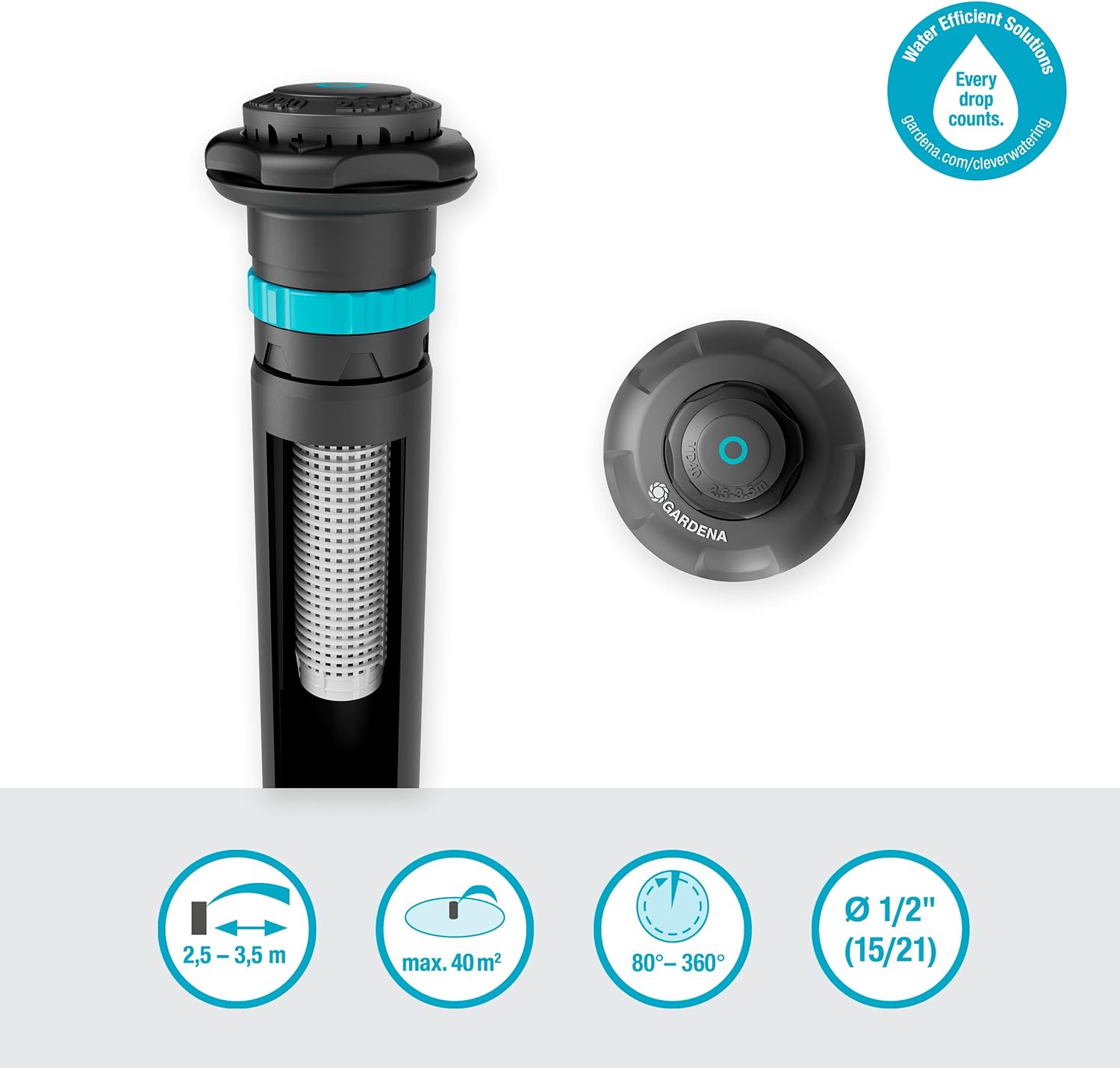 Gardena Sprinkler System Pop-up Sprinkler MD40: Pop-up Irrigation System for Medium lawns up to 40 m², Range from 2.5–3.5 m, with Rotary Nozzle, 1/2 inch Female Thread (8231-20)