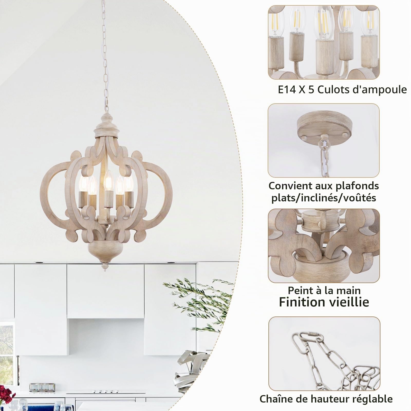 Lustre de ferme à 5 lumières vintage rustiques – Plafonnier réglable moderne français pour salon, chambre à coucher, cuisine, couloir, salle à manger, finition jaune antique gris