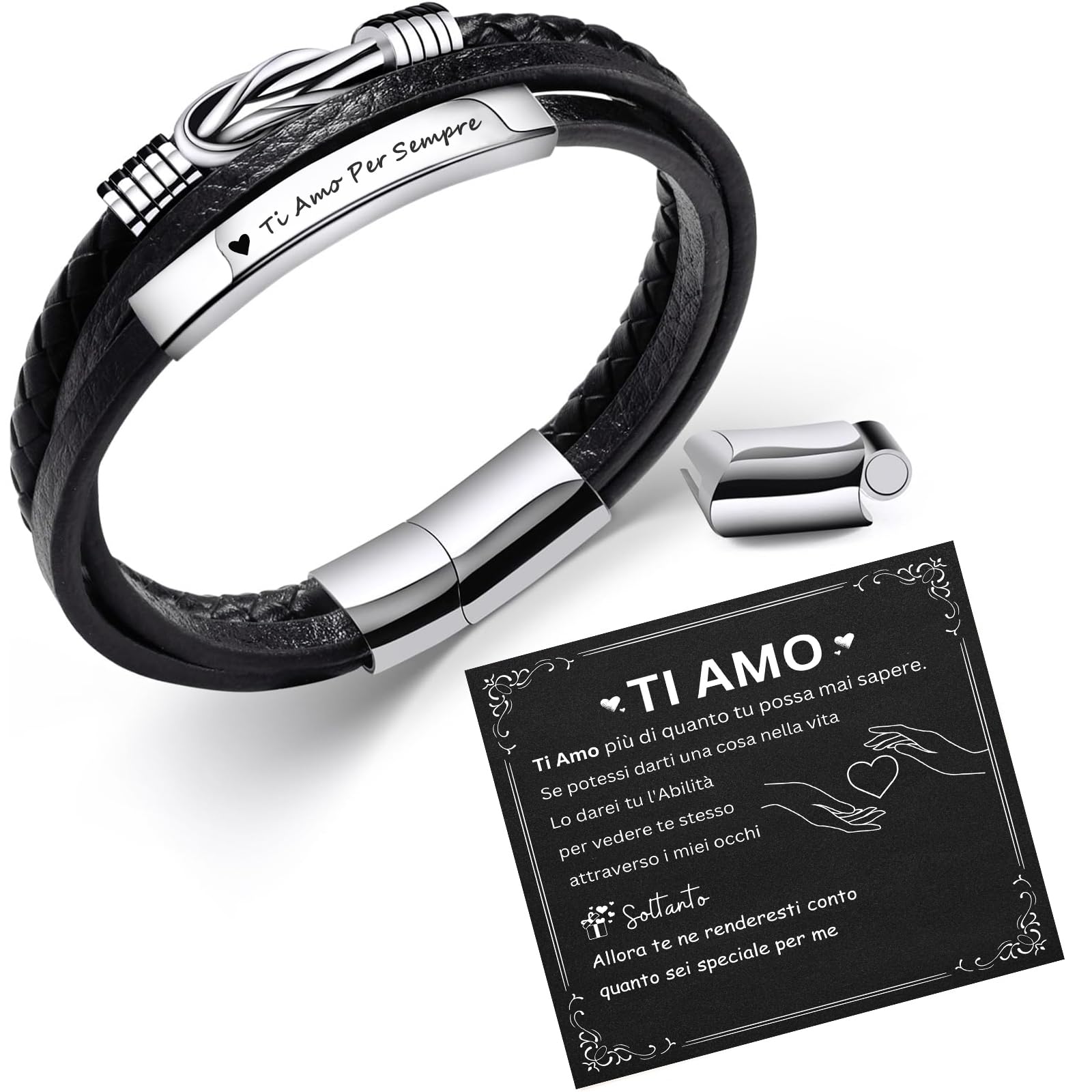 TERRISHE Regalo Uomo Bracciale Uomo Bracciale In Pelle Nera, Regalo per Papà Figlio Mariti Fidanzati, Regalo In Pelle per la Festa del Papà Laurea Compleanno Natale San Valentino
