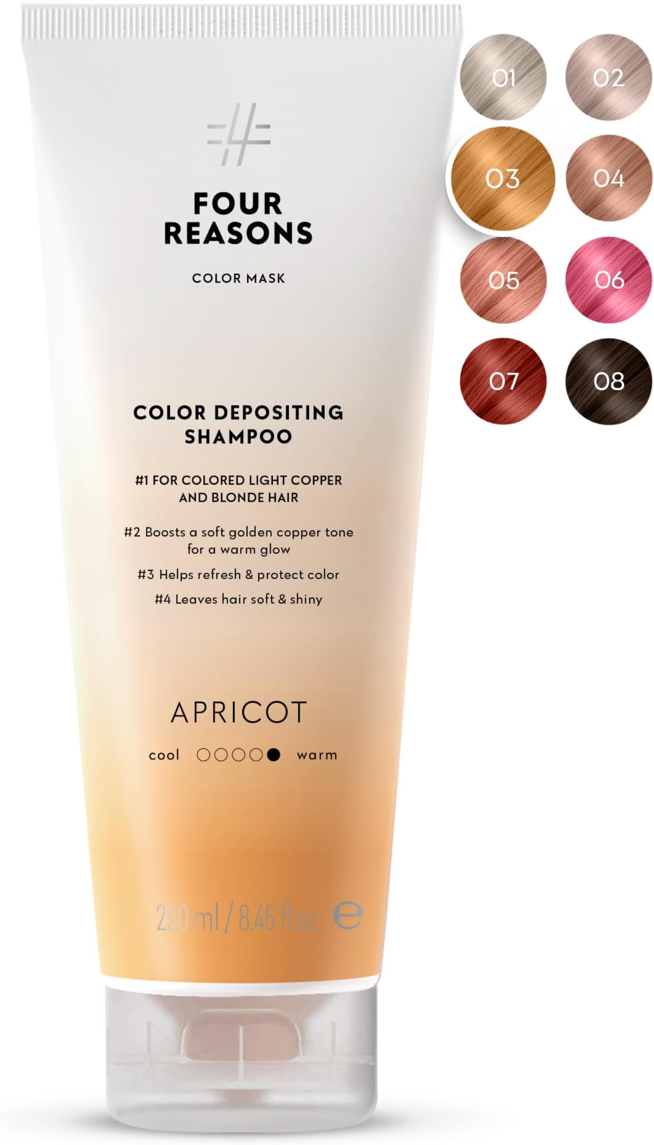 FOUR REASONS Hair Color Shampoo, Apricot (8 Colours) - Golden Copper Hair Toner & Colour Depositing Shampoo, Hair Colour Shampoo for Women - Blonde Hair Toner, Sulfate Free, Vegan– 250 ml