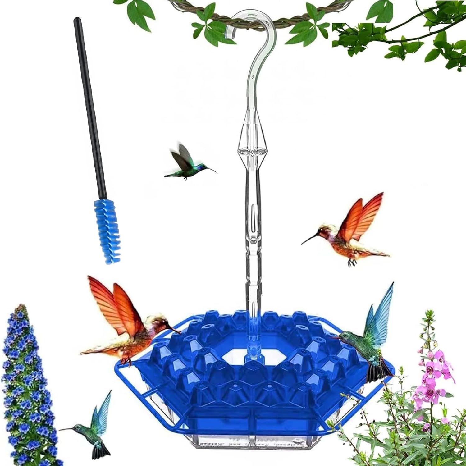 Hummingbird Feeders for Outdoors, Hummingbird Feeders for Outdoors Hanging Ant and Bee Proof, 30 Feeder Ports, with Easy to Clean Tool, Charming Hummingbird Garden Outdoor Decoration (Blue)