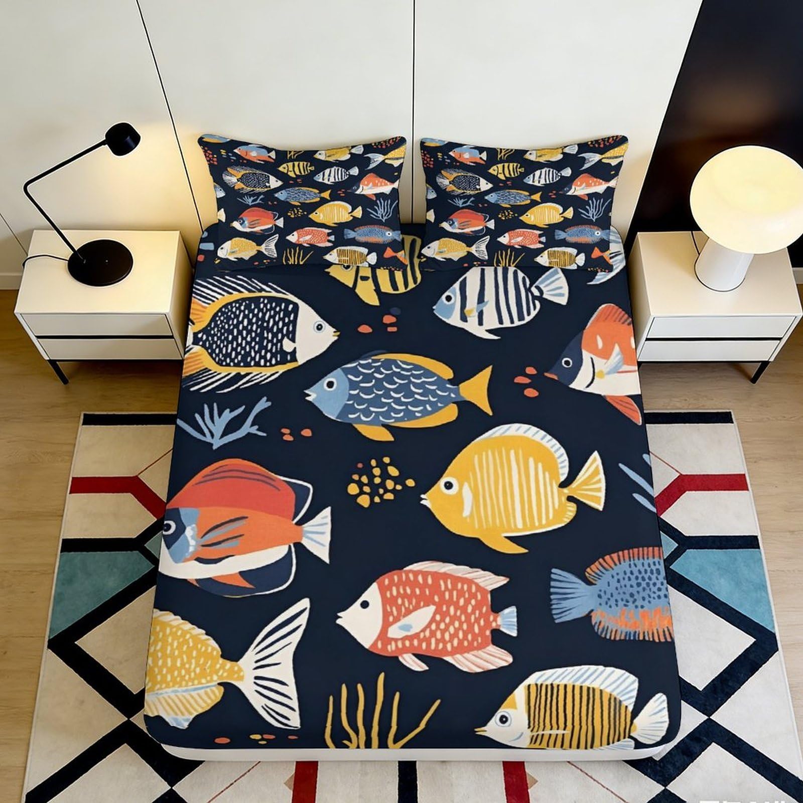 3D Printed Colorful Fish Fitted Sheet Microfiber Soft Breathable Ocean Theme Bed Cover for Bedroom Dorm Decor 90x200x25cm