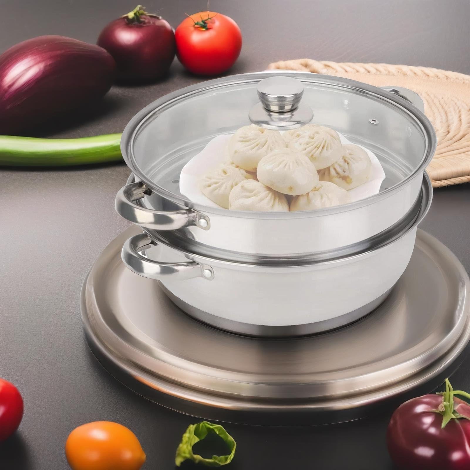 2 Strati Pentola A Vapore Acciaio Inox, 28 Cm Pentola A Vapore Da Cucina Vaporiera Pentola Induzione Vaporiera Cottura A Vapore Vaporiera Impilabile Con Coperchio In Vetro Per Gas Elettrico Induzione