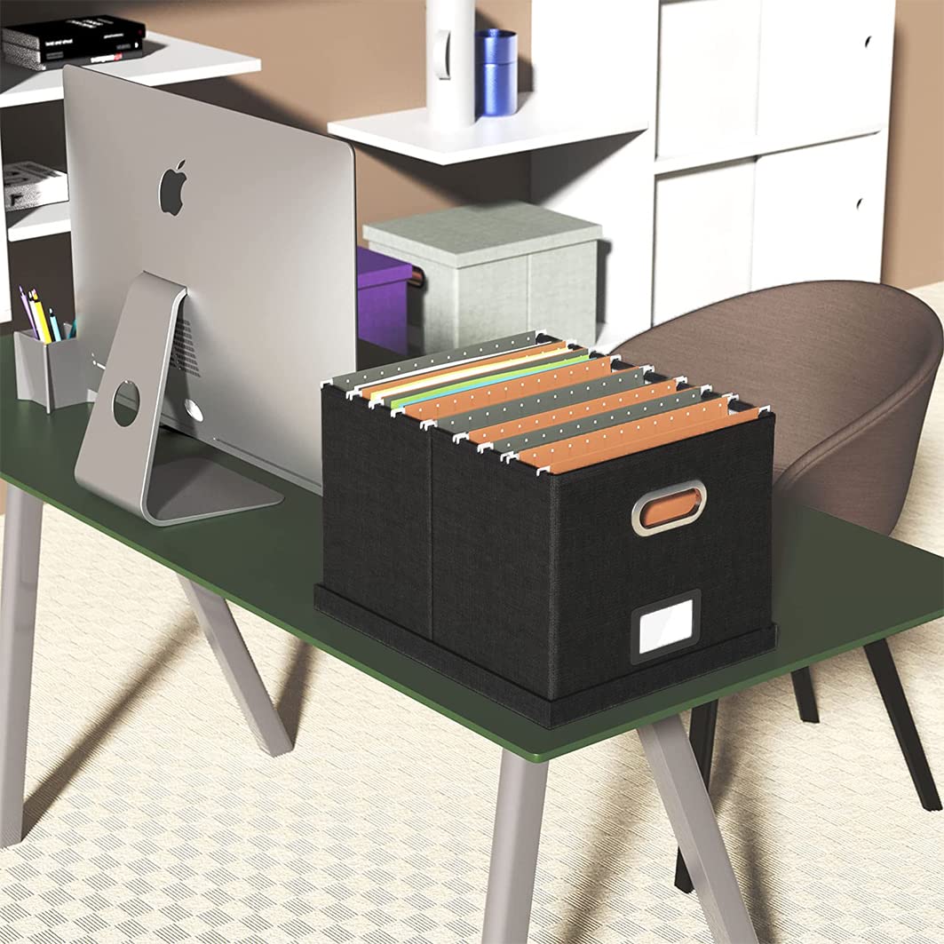 FGBK-S-2PCS-DE - 2 scatole portaoggetti con coperchio, in fibra e carta in elegante effetto lino, colore: Nero