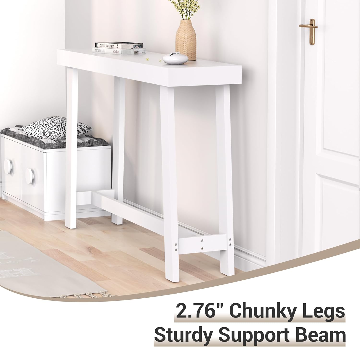 Bamboo Wood Entryway Table 47.2" Console Table, Narrow Sofa Table with Support Beam for Entrance, Hallway, Living Room, Bedroom, Foyer(White) - Image 4